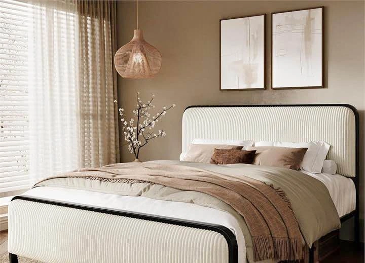 New Queen Corduroy Curved Headboard Metal Bed Frame