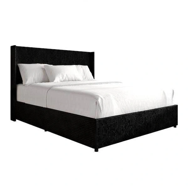 Black Ribbed Upholstered Queen Platform Bed