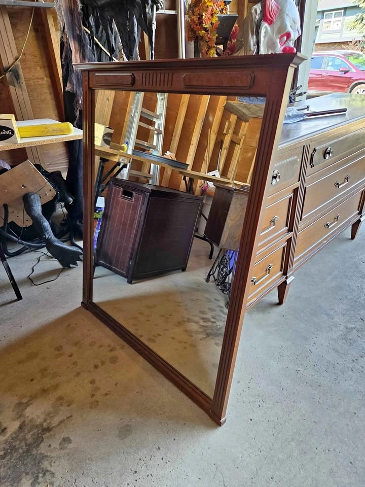 Antique 1960s Solid Wood Dresser and Mirror