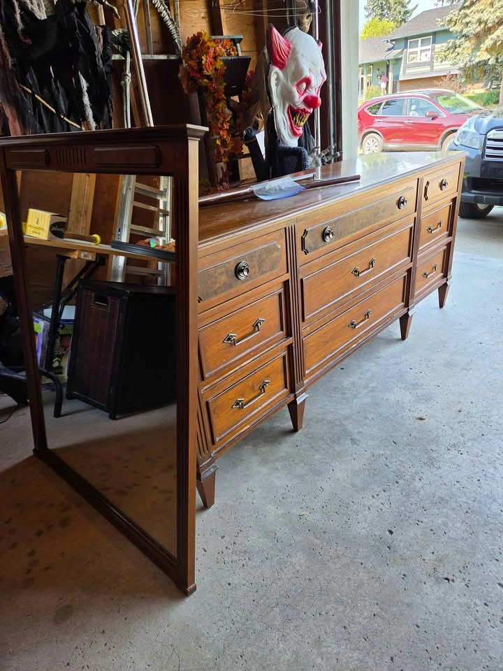 Antique 1960s Solid Wood Dresser and Mirror - photo 2