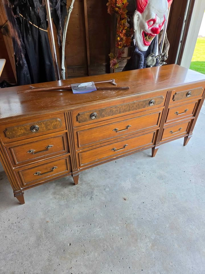 Antique 1960s Solid Wood Dresser and Mirror - photo 3
