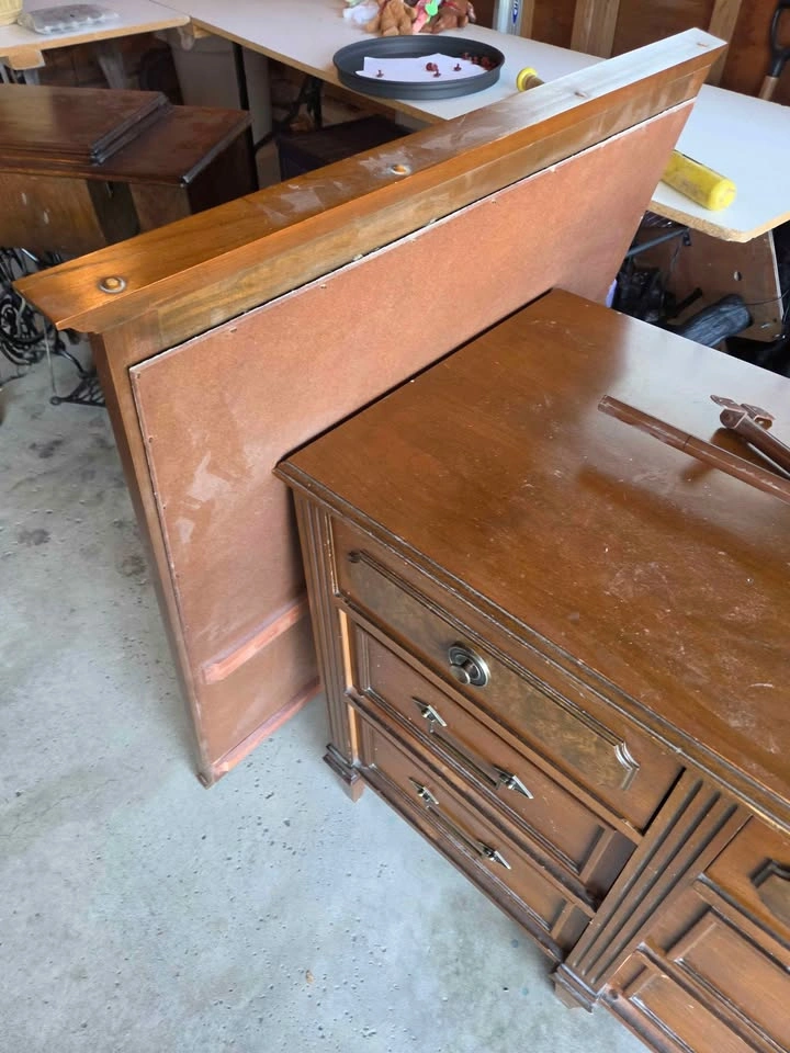 Antique 1960s Solid Wood Dresser and Mirror - photo 5