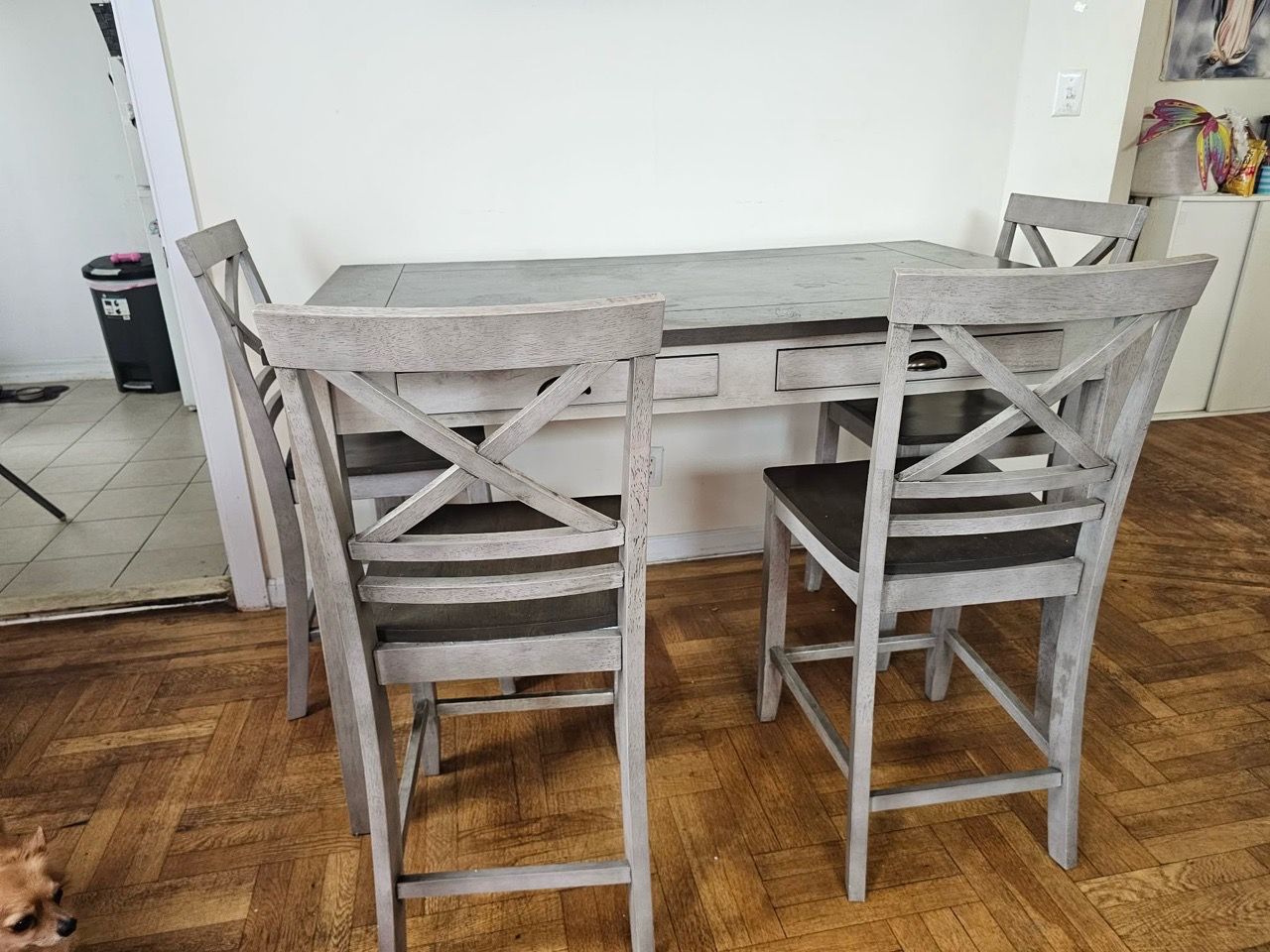 Solid Counter-Height Dining Set w/ 4 Storage Drawers & 4 Chairs