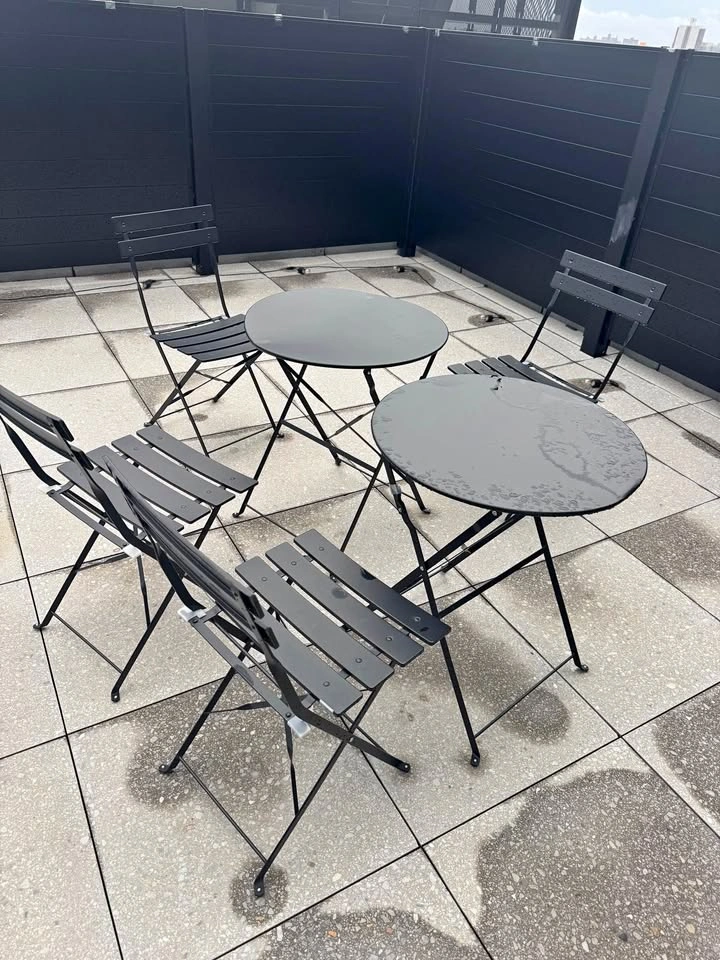 Black Outdoor Patio Bistro Set – 2 Tables + 4 Folding Chairs