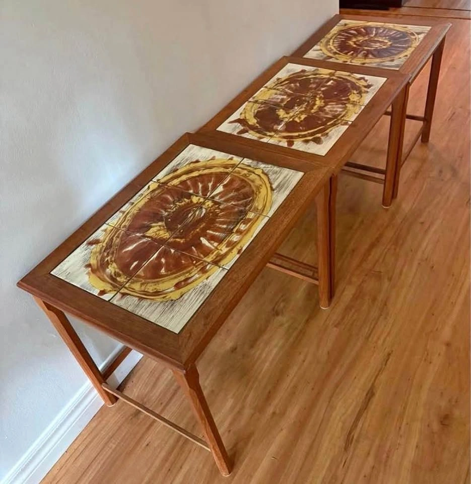 Vintage 1960s Danish Teak & Tile Nesting Tables (Set of 3)