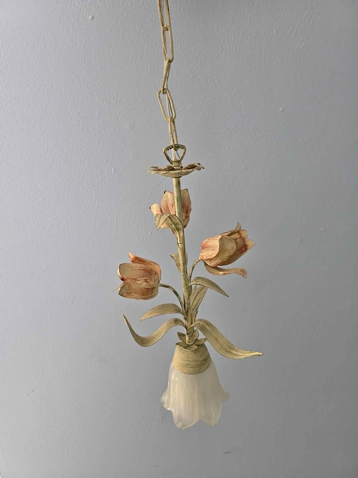 Vintage Italian Style Toleware Floral Pendant Light - Soft Gold