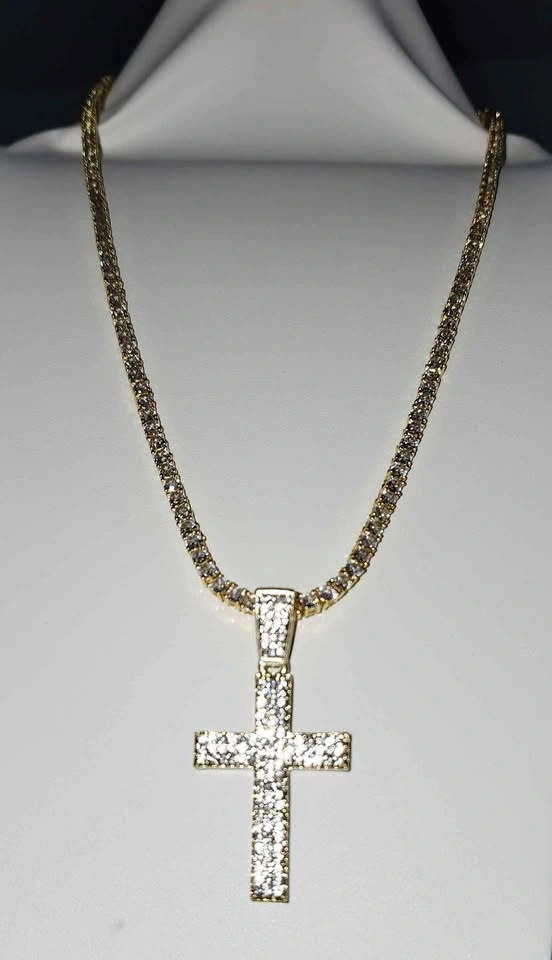 Gold-Tone Tennis Chain with Cross Pendant