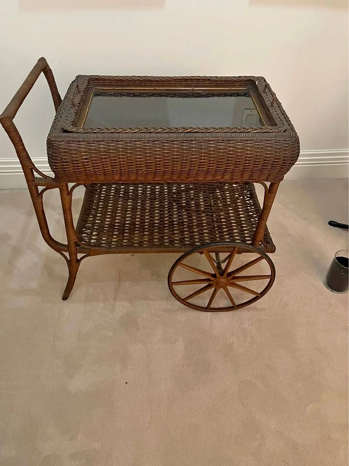 Vintage Austrian Woven Wicker Tea Cart / Bar Cart