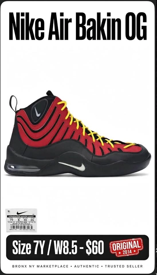 Nike Air Bakin OG Varsity Red - Size 7Y (W 8.5)