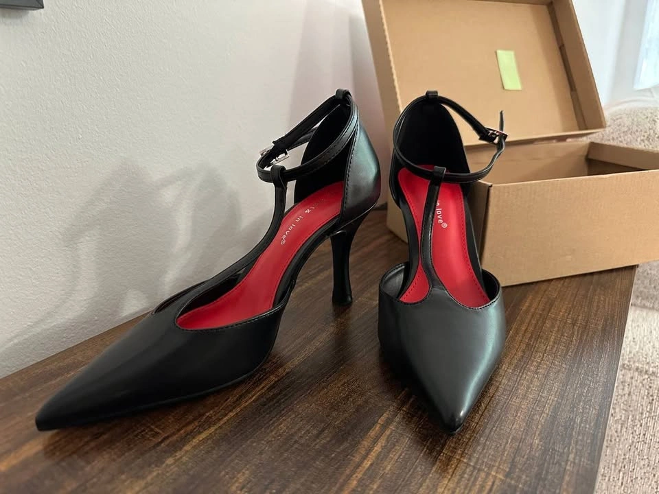Black Pointed Toe Heels - T-Strap Stiletto Pumps - Size 6 - NEW - photo 4