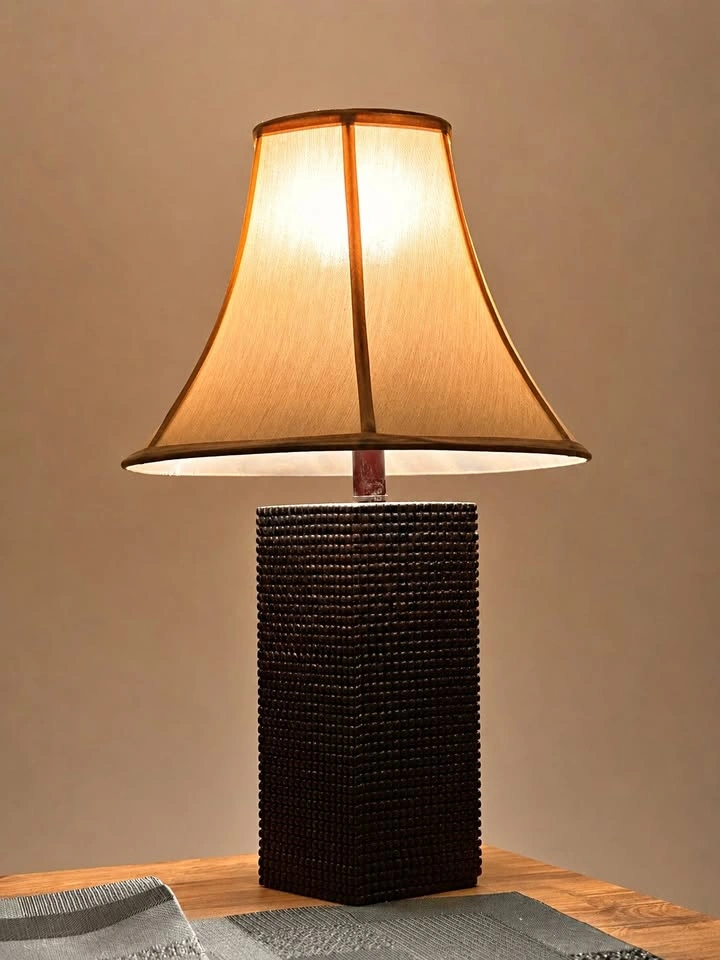 Table Lamp - Woven Square Base - Tan Bell Shade - NEW