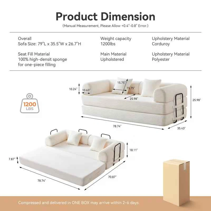 Brand New Boneless Queen Sofa Bed, 79" Convertible - photo 5