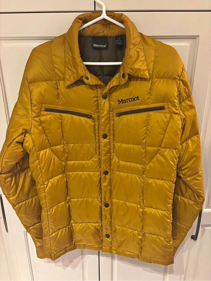 Marmot Men’s Large Duck Down Puffer Jacket Mustard Gold Retro