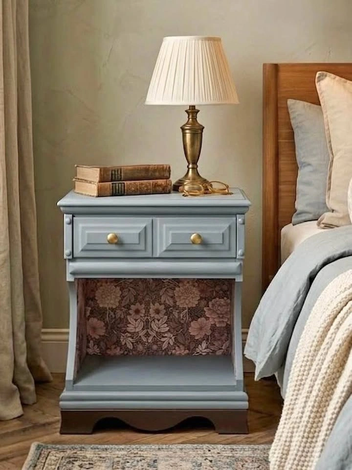 Unique Aesthetic Blue Nightstand with Floral Backing Details