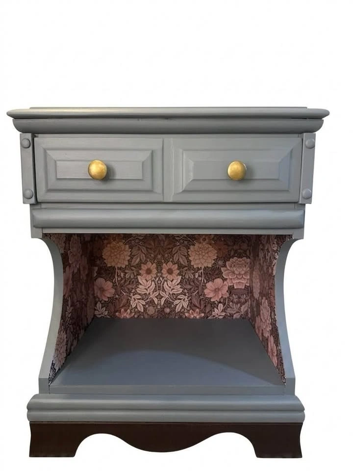 Unique Aesthetic Blue Nightstand with Floral Backing Details - photo 2