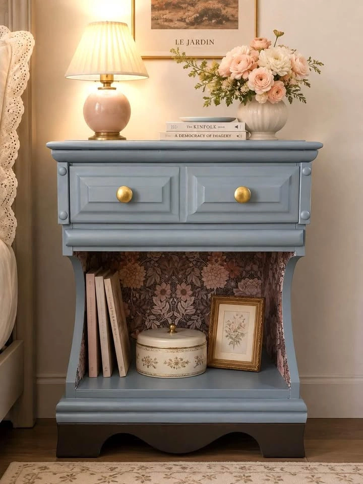 Unique Aesthetic Blue Nightstand with Floral Backing Details - photo 3
