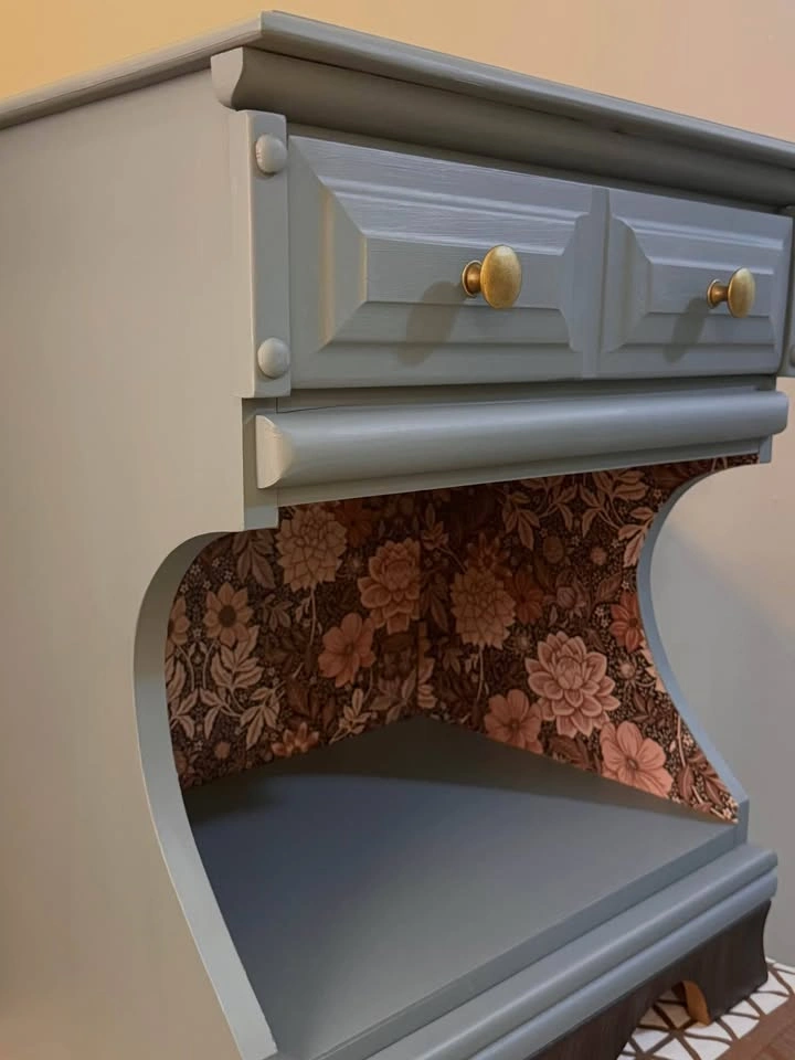 Unique Aesthetic Blue Nightstand with Floral Backing Details - photo 4