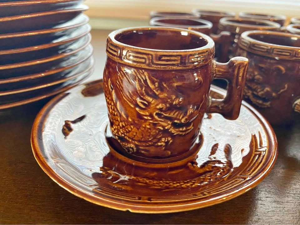 Vintage Demitasse Cup & Saucer, Dragon Embossed Set of 11