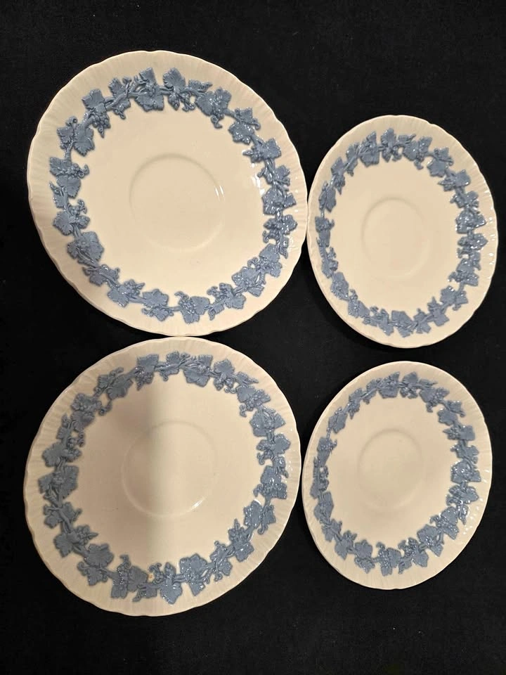 Set of 4 Wedgwood Embossed Queens Ware Saucer Lavender Blue Crea