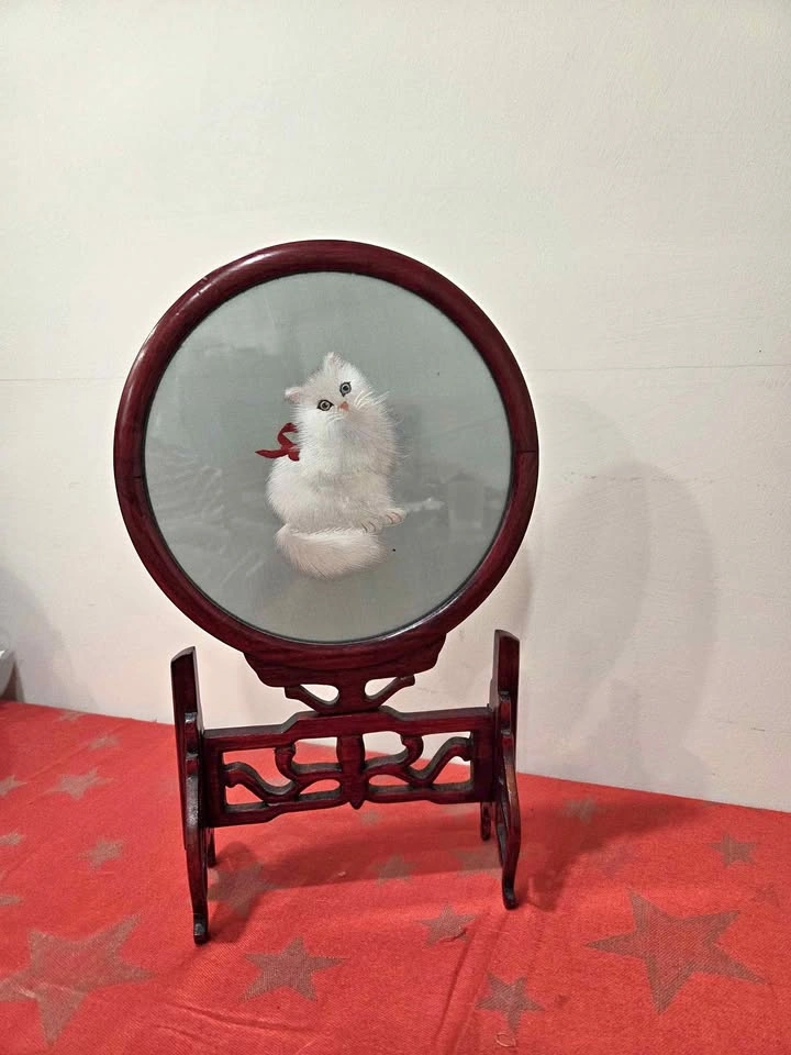 Vintage Chinese Silk Embroidery, Double Identical Sides, Cat Art