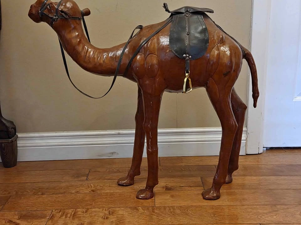 Vintage leather-wrapped Camel Floor Statue, 23.5" tall