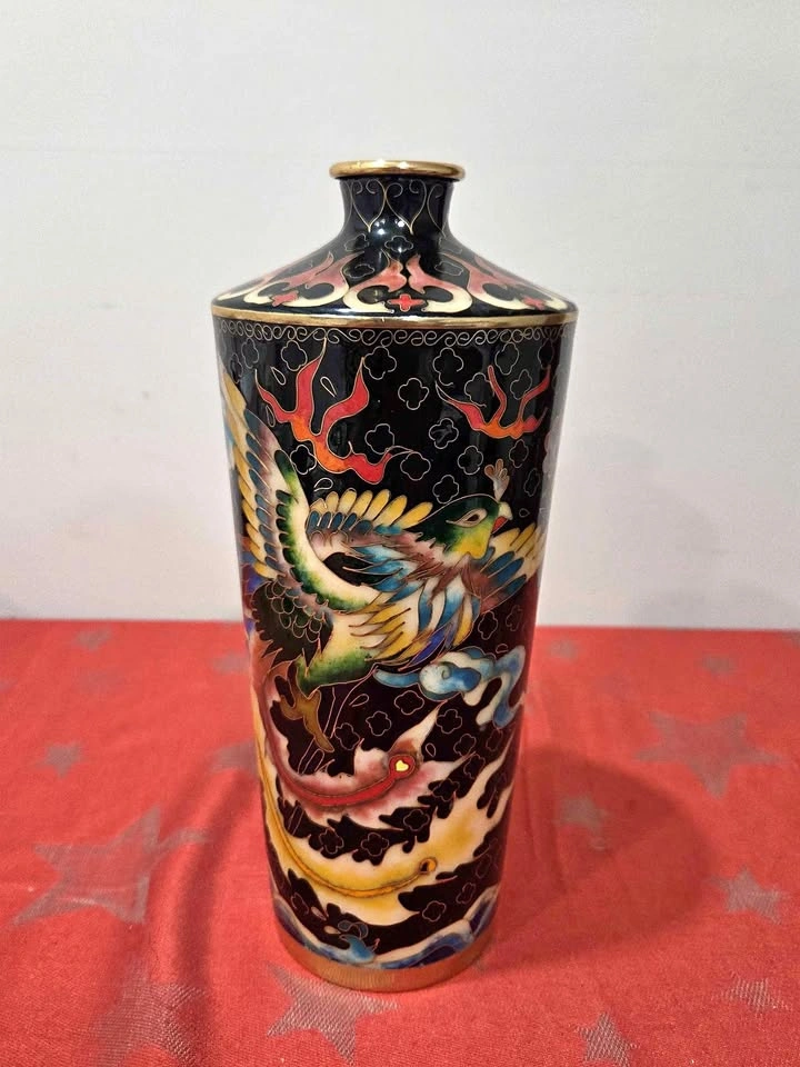 Vintage Chinese Black Cloisonne Enamel Vase, 10.5" tall