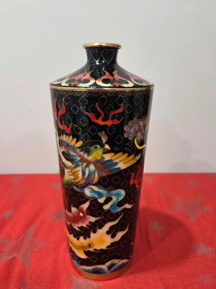 Vintage Chinese Black Cloisonne Enamel Vase, 10.5" tall - photo 2