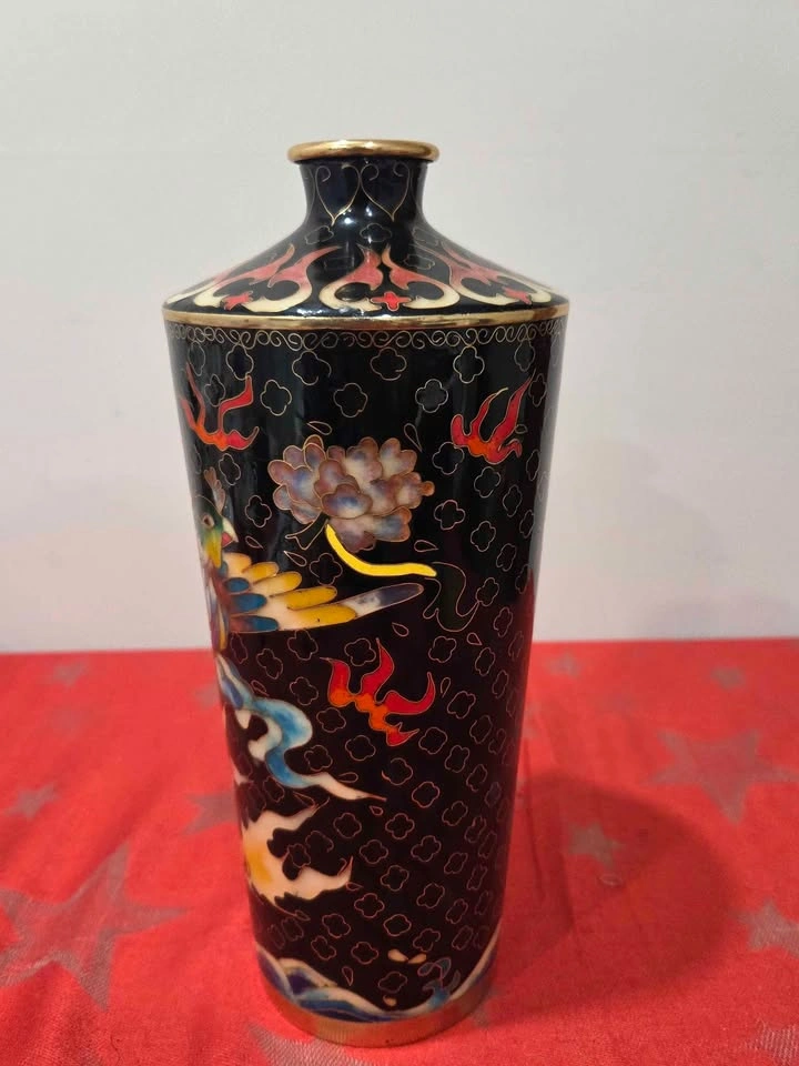 Vintage Chinese Black Cloisonne Enamel Vase, 10.5" tall - photo 3