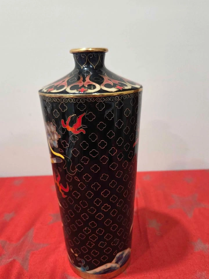 Vintage Chinese Black Cloisonne Enamel Vase, 10.5" tall - photo 4