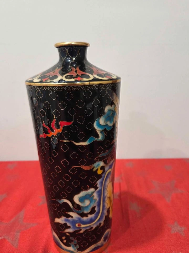 Vintage Chinese Black Cloisonne Enamel Vase, 10.5" tall - photo 5
