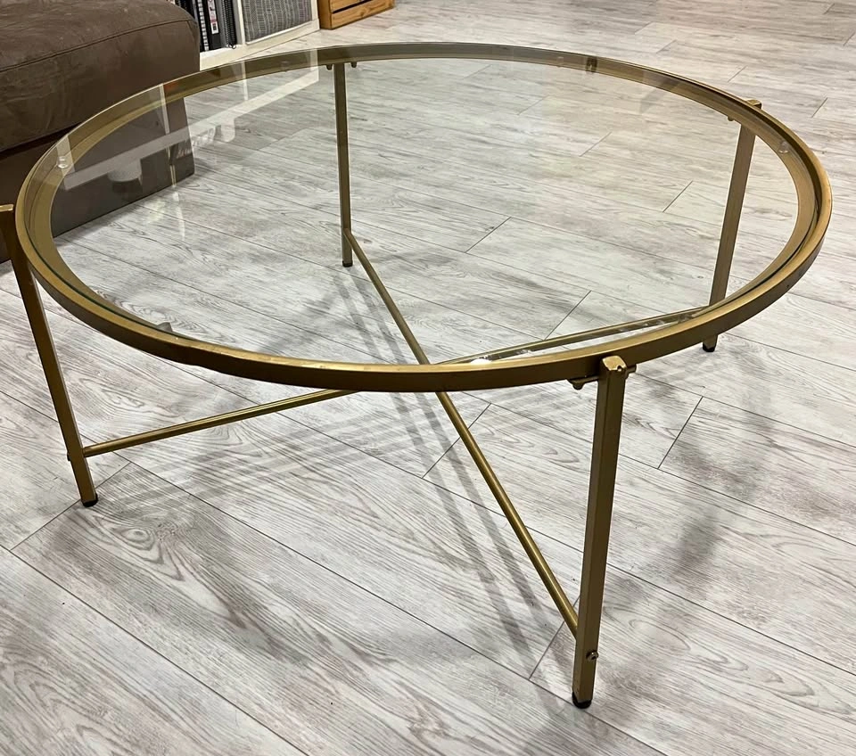 Round Gold Metal and Glass Coffee Table