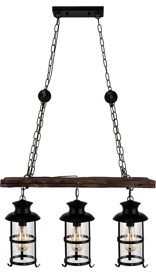 Industrial Woody Wrought Iron 3-Light Pendant Chandelier