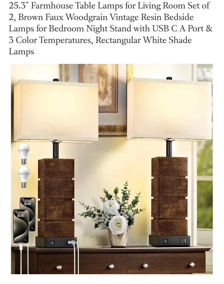 Woodgrain Vintage Resin Bedside Lamps with USB C/A