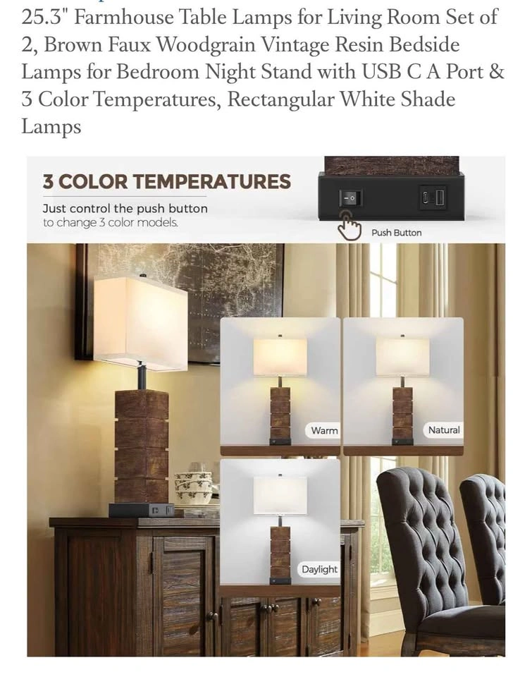 Woodgrain Vintage Resin Bedside Lamps with USB C/A - photo 2
