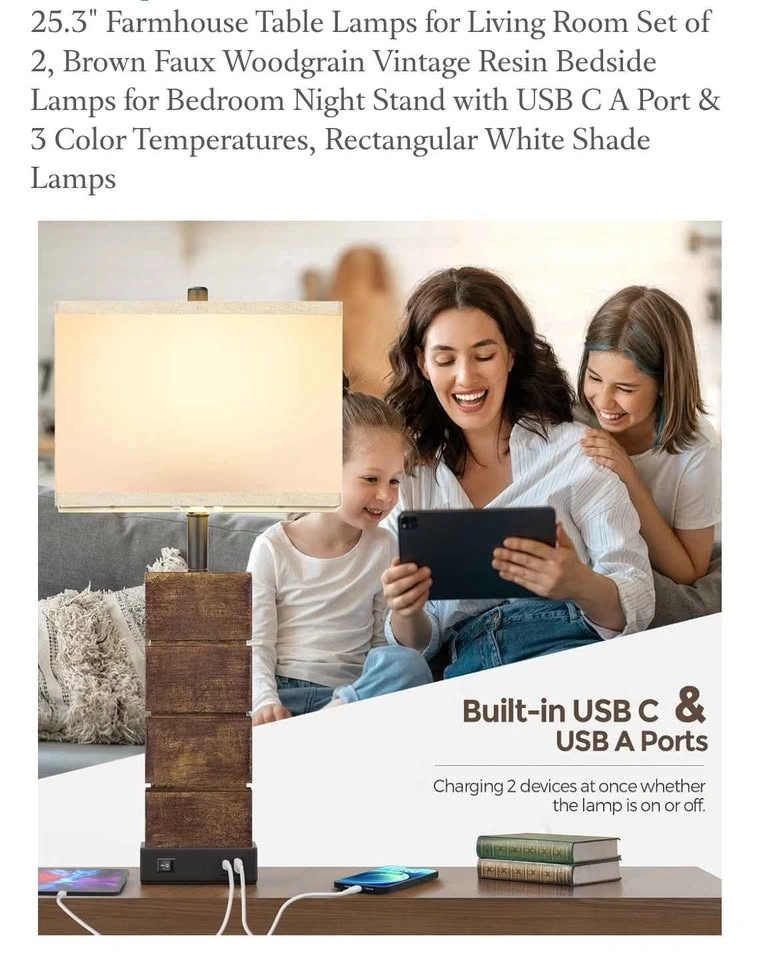 Woodgrain Vintage Resin Bedside Lamps with USB C/A - photo 3