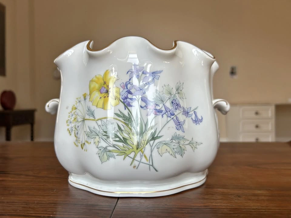 Vintage Floral Porcelain Jardinière / Cachepot w/ Gold Rim