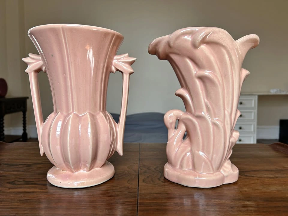 Vintage 1940s Mid-Century Pink Art Pottery Vases – Pair