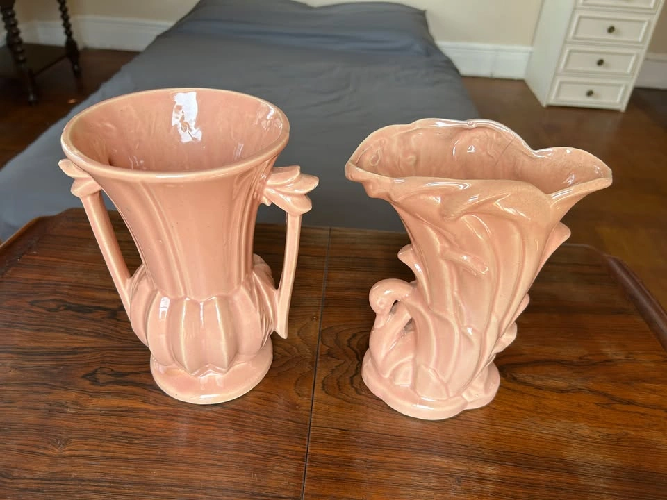 Vintage 1940s Mid-Century Pink Art Pottery Vases – Pair - photo 2