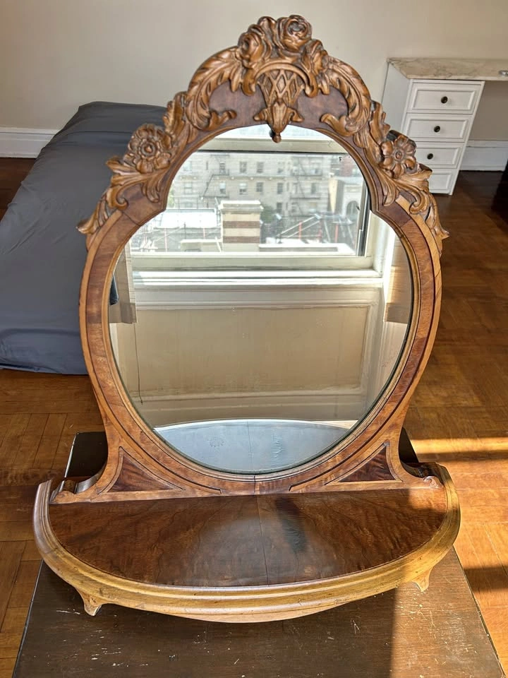Antique Flint & Horner Carved Wood Vanity Mirror w/ Base Shelf