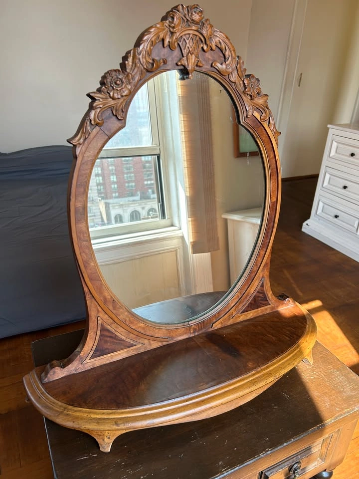 Antique Flint & Horner Carved Wood Vanity Mirror w/ Base Shelf - photo 2