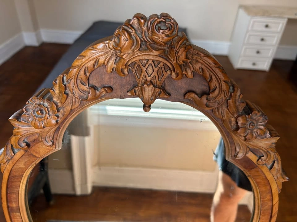 Antique Flint & Horner Carved Wood Vanity Mirror w/ Base Shelf - photo 3
