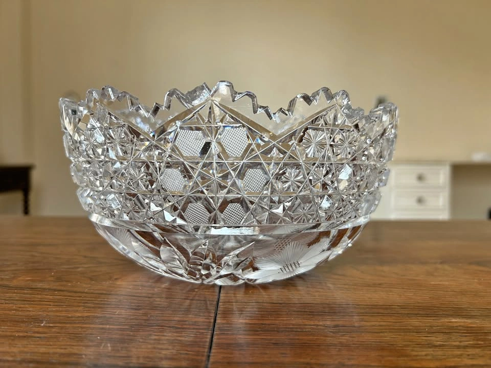 Heavy Vintage Cut Crystal Centerpiece Bowl w/ Etched Floral Desi