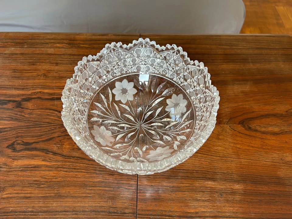 Heavy Vintage Cut Crystal Centerpiece Bowl w/ Etched Floral Desi - photo 2