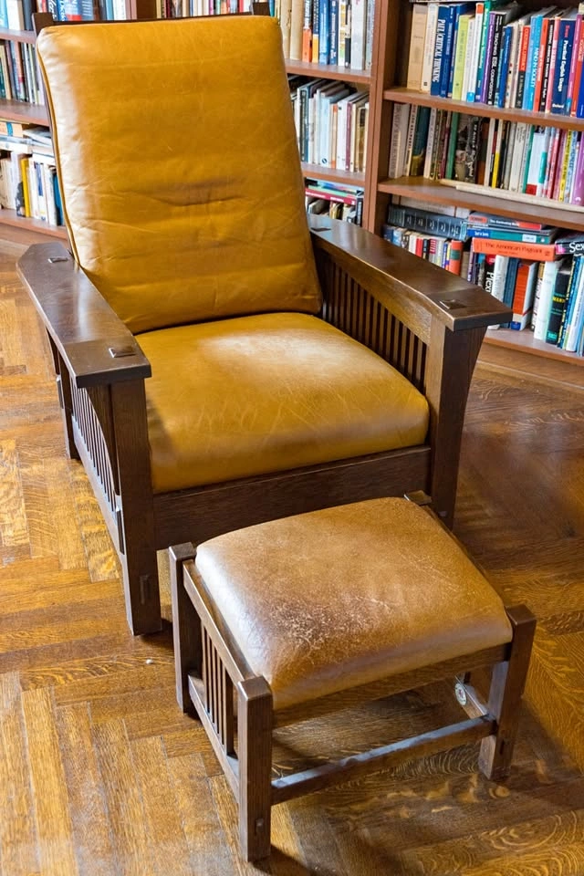 Authentic Stickley Slant-Arm Spindle Morris Chair & Ottoman