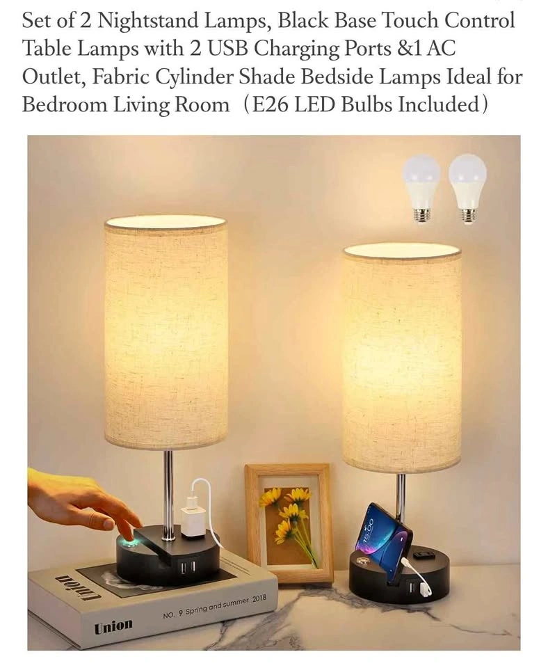 Bedside table lamp with USB A Plug x2