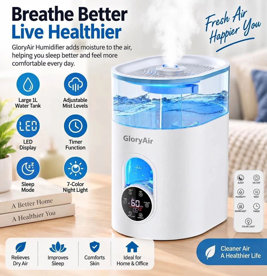 GloryAir 6L Cool & Warm Mist Humidifier – Remote Control