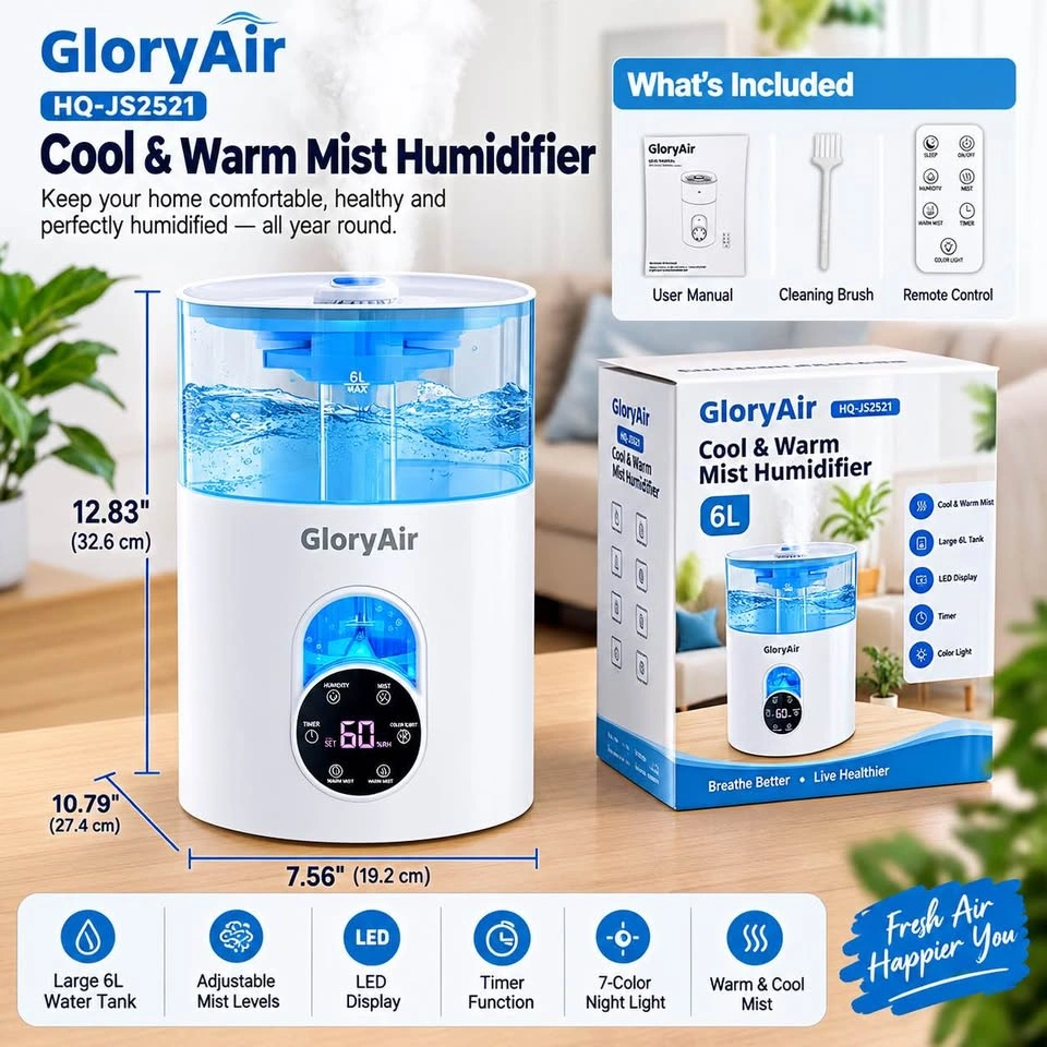 GloryAir 6L Cool & Warm Mist Humidifier – Remote Control - photo 2