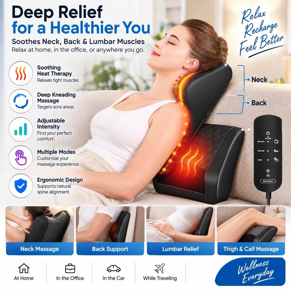 Boriwat Shiatsu Back & Neck Massager with Heat – Deep Kneading