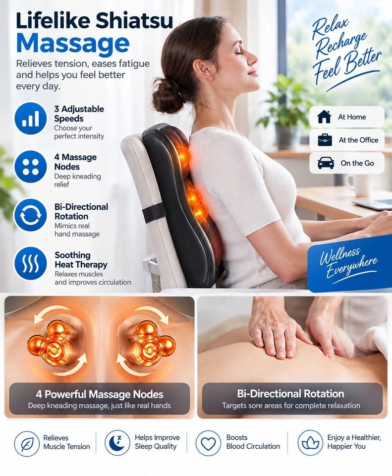 Boriwat Shiatsu Back & Neck Massager with Heat – Deep Kneading - photo 3