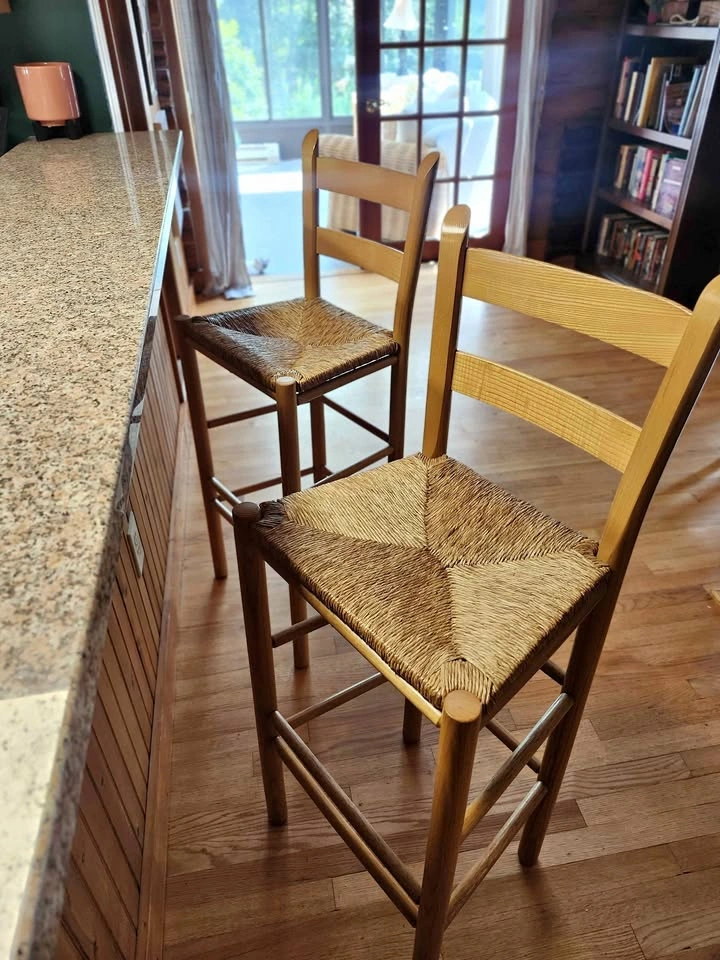 Set of 2 Solid Wood Ladder Back Counter Stools with Woven Rush S